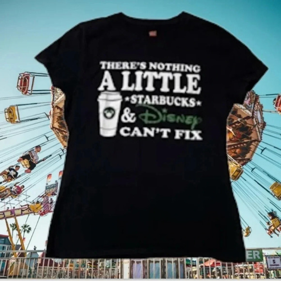 Starbucks  ￼Disney‎ Coffee T Shirt Glitter Black Green Small Vacation - Picture 1 of 11